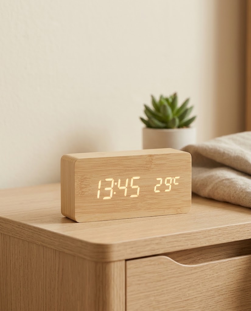 Wooden LED digital alarm clock on a bedside table showing the time and temperature