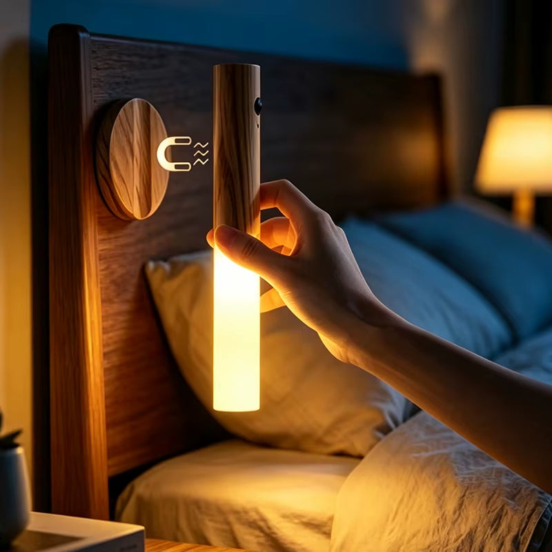 Magnetic motion sensor night light with wood grain finish, product view 2