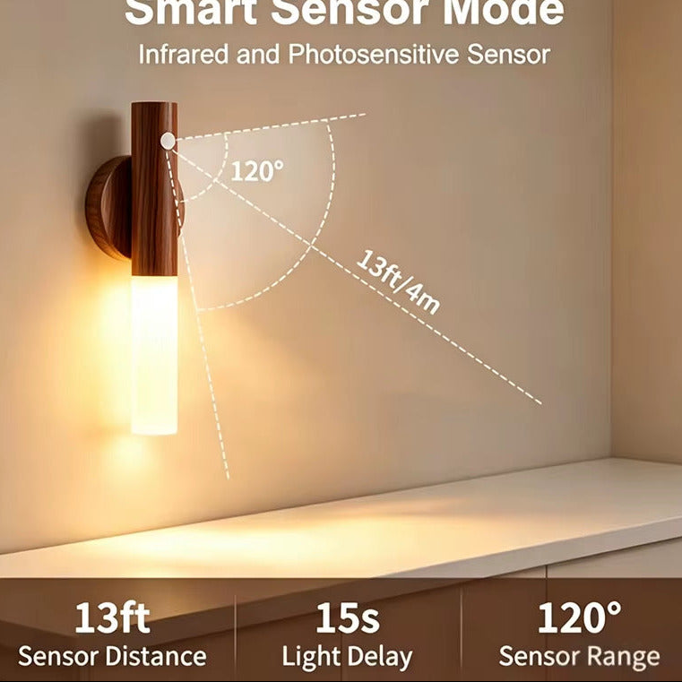 Magnetic motion sensor night light with wood grain finish, product view 3
