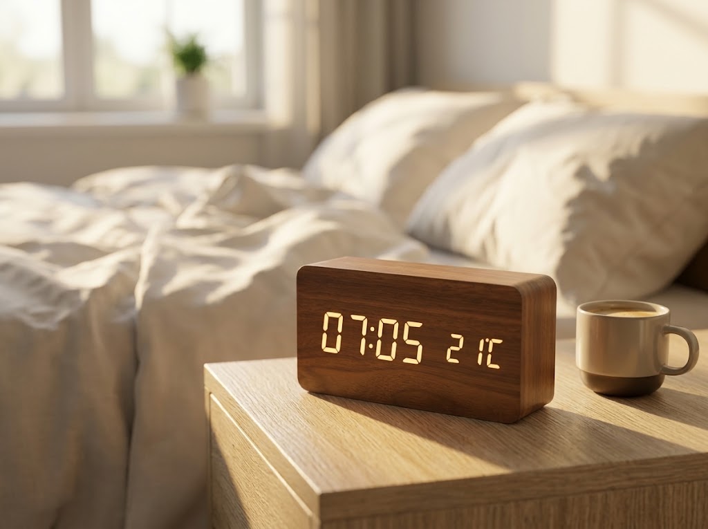 Wooden LED digital alarm clock on a bedside table at sunrise with a coffee cup, weekday alarm, feature image 2