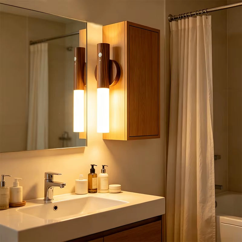 Magnetic motion sensor night light with wood grain finish, product view 7, feature image 3