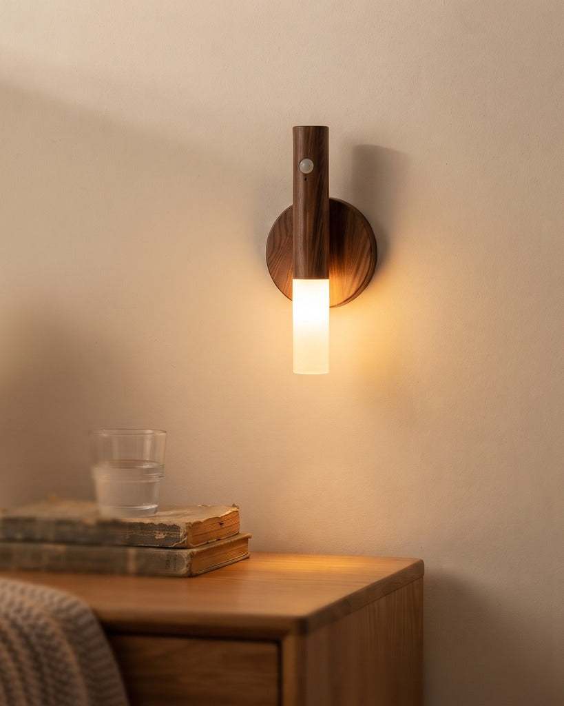 Magnetic walnut wood grain motion sensor night light glowing warm on a bedroom wall