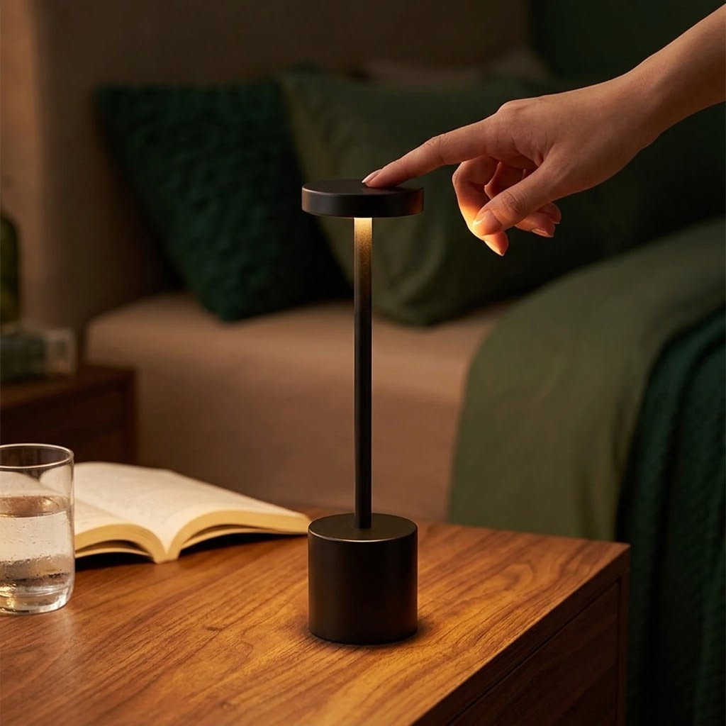 Hand touching the top of the cordless touch lamp on a bedside table, feature image 1