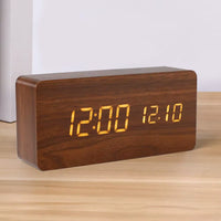 Wooden LED digital alarm clock showing the time and temperature, view 5