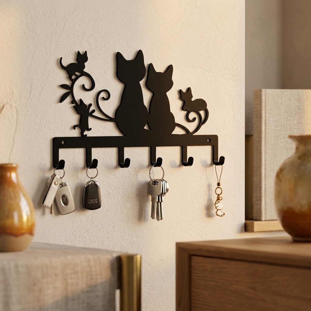 Black cat key holder styled as wall art in a hallway, cat silhouette design, feature image 1