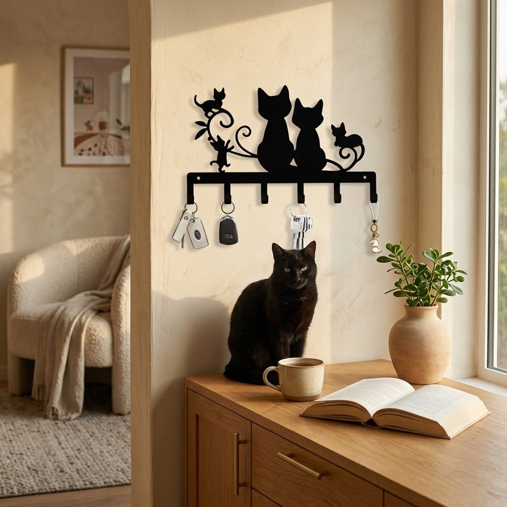Black cat key holder mounted by the front door holding keys