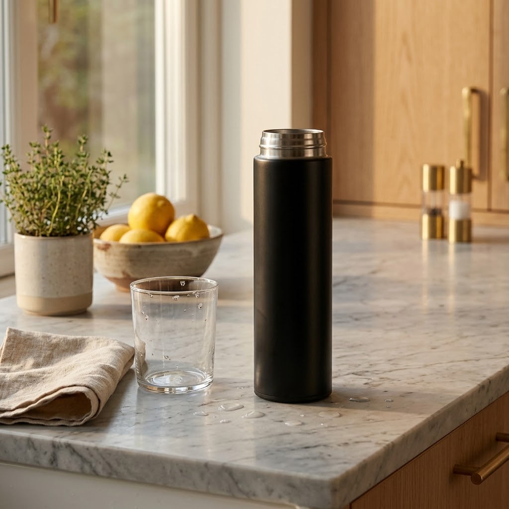 Black stainless steel water bottle in a kitchen, feature image 3