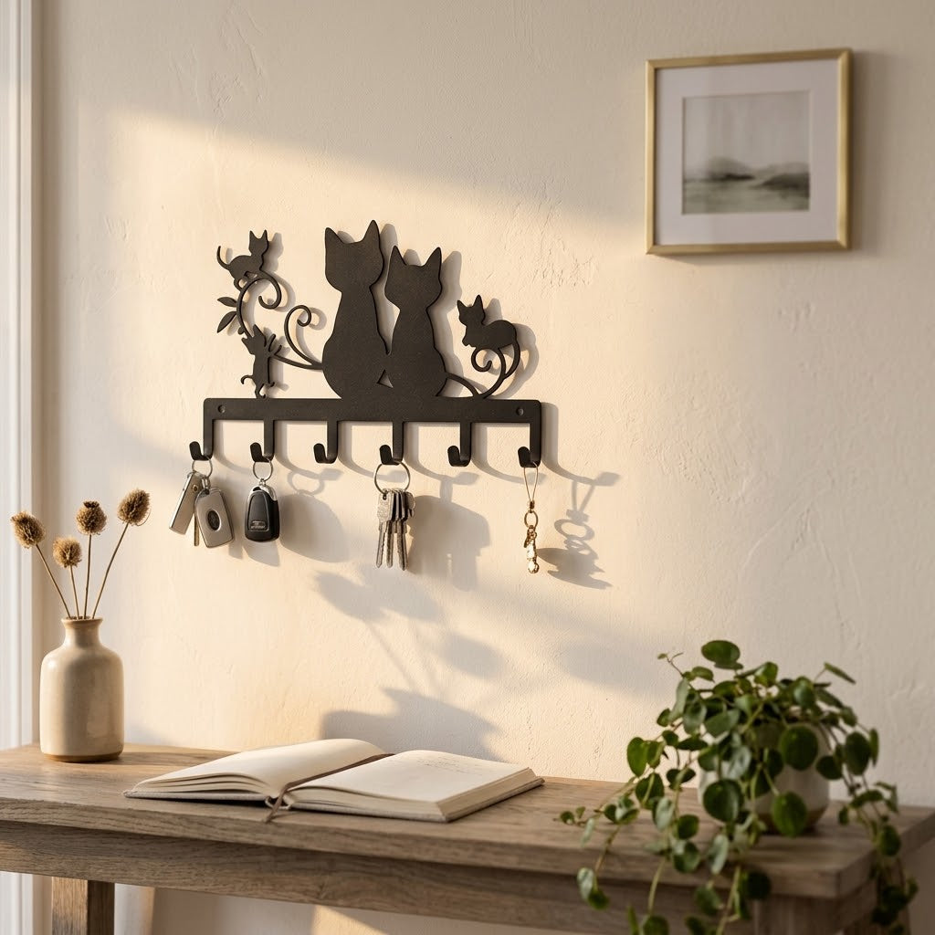 Close-up of black metal cat key holder with clean finish, metal build, feature image 2