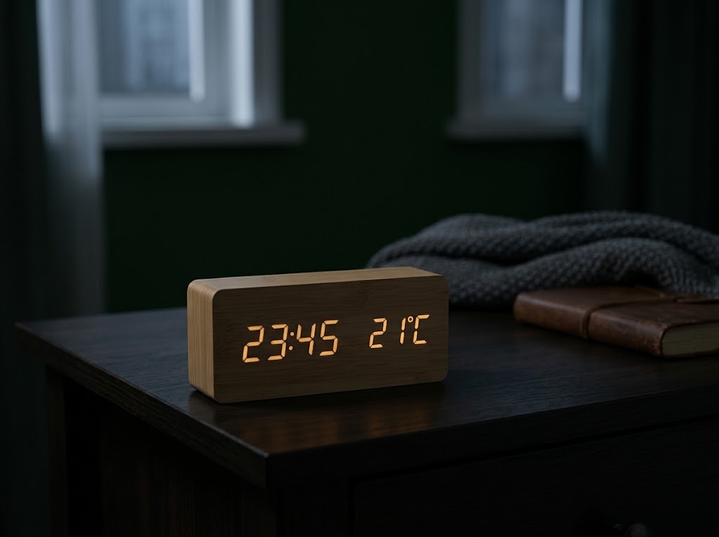 Wooden LED digital alarm clock dimmed to a soft glow in a dark bedroom at night, feature image 3